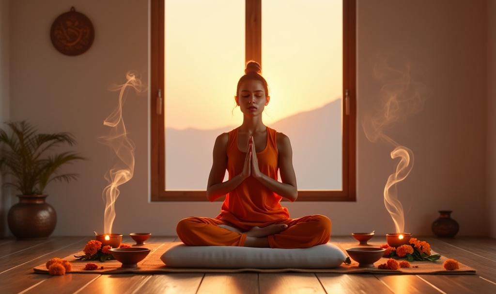Eine Yoga-Lehrerin in saffranfarbener Robe sitzt in Padmasana im Licht des Sonnenuntergangs im Himalaya, umgeben von traditionellen Symbolen für Fruchtbarkeit und spirituelle Harmonie.