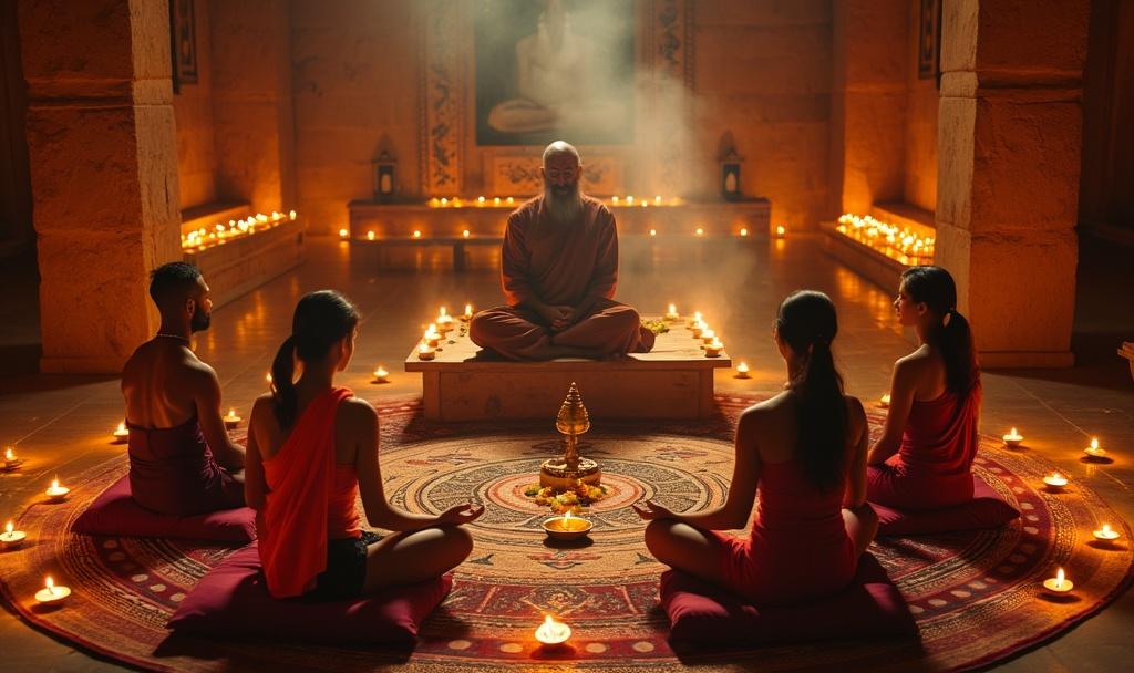 Innenansicht eines traditionellen indischen Ashrams bei Meditation: Guru auf Plattform mit Schülern, umgeben von Öl-Lampen und Vedic-Symbolen.