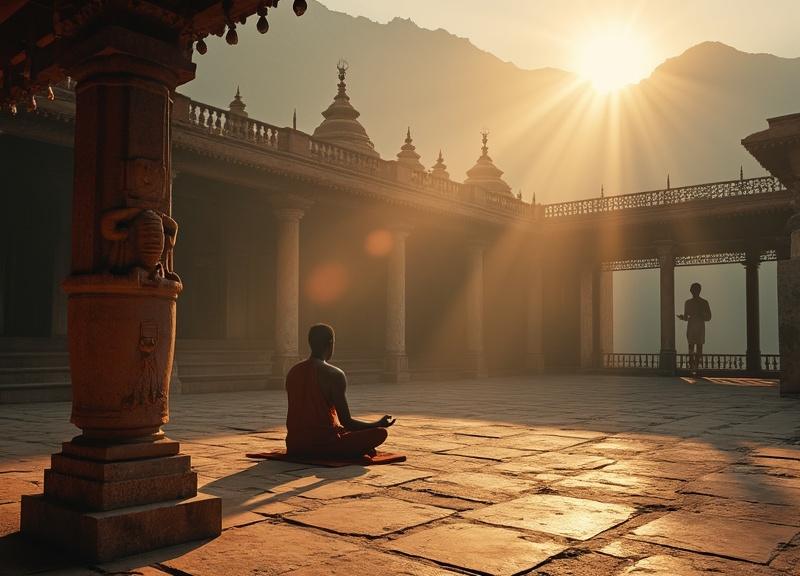 Ein einsamer Yogi sitzt in tiefer Meditation in einem alten Ashram-Innenhof vor einer verwitterten Shiva-Statue. Strahlen des goldenen Morgenlichts durchdringen den Nebel der Himalaya-Gipfel und werfen lange Schatten auf den abgenutzten Steinboden. Traditionelle Öllampen tauchen die Szene in ein warmes, spirituelles Licht. Das Bild fängt eine authentische spirituelle Atmosphäre in einem fotorealistischen Stil ein, betont durch erdige Rottöne und heilige Safranfarben und reflektiert die Suche nach Frieden inmitten prophezeiter Umbrüche.