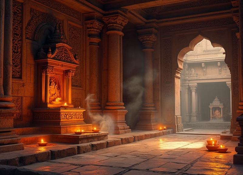 Innenansicht eines alten Kali-Tempels bei Dämmerung, beleuchtet von Butterlampen, mit detaillierten Steinmetzarbeiten, Sanskrit-Inschriften und einer atmosphärischen Rauchnote von Räucherwerk, symbolisch für Kalis transformative Energie.