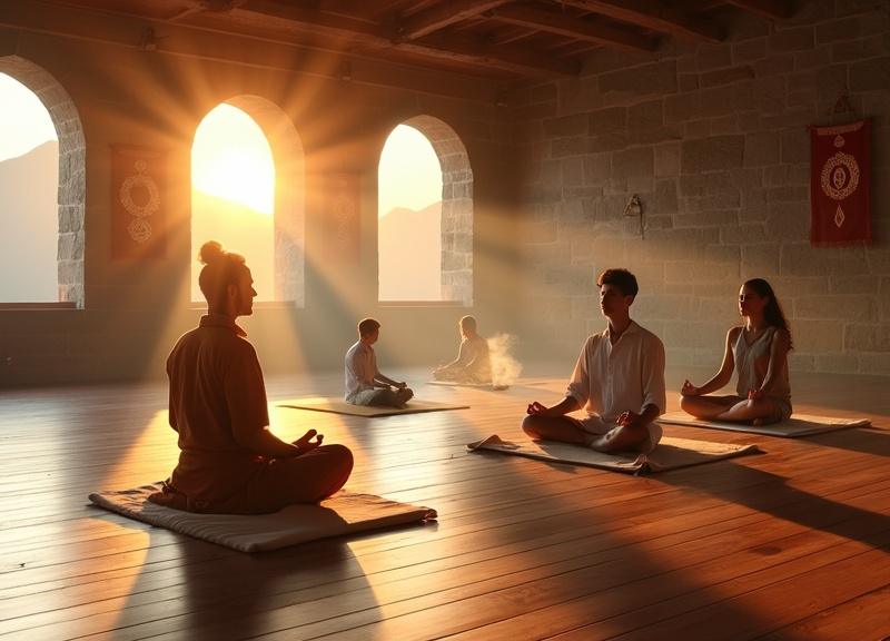 Ein friedlicher Meditationsraum bei Sonnenaufgang, durchflutet von goldenem Licht. Ein erfahrener Yogi lehrt konzentriert Pranayama, während internationale Schüler in Lotusposition auf traditionellen weißen Kissen sitzen. Die Steinwände sind mit authentischen Sri Vidya-Symbolen geschmückt, aus denen spirituelle Weisheit spricht. Sanfter Weihrauch steigt auf und formt ätherische Muster in den warmen Sonnenstrahlen. Durch große, gewölbte Fenster sind die majestätischen Gipfel des Himalayas sichtbar, deren lange Schatten sich auf den polierten Holzböden ausbreiten. Die natürlichen Erdtöne und dezenten Akzente von Safranorange betonen die Atmosphäre von Harmonie, Einkehr und spiritueller Balance.