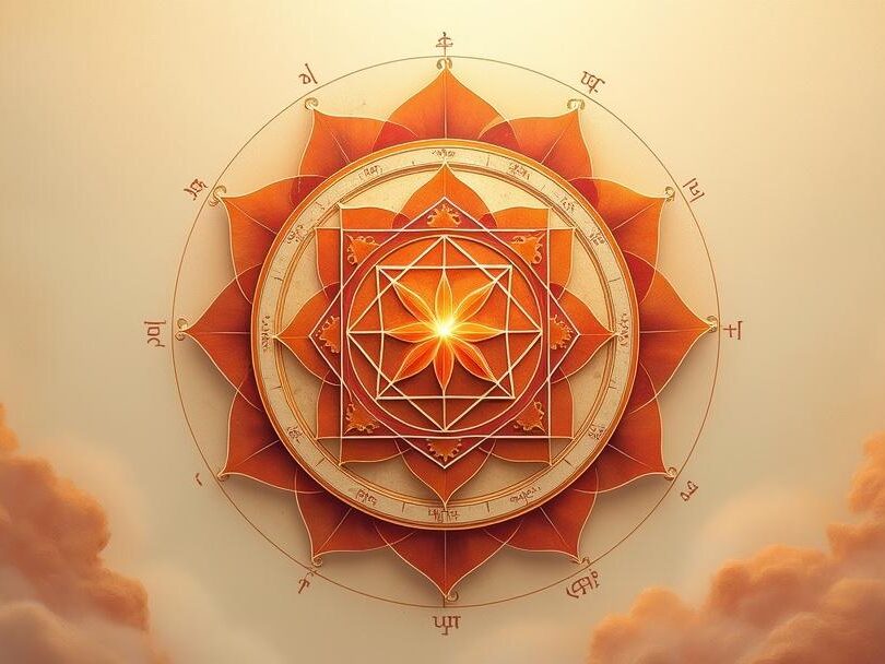 Sri Yantra Mandala in saffran und tiefem Rot auf cremigem Hintergrund, mit geometrischer Präzision, Sanskrit-Zeichen und spiritueller Symbolik.