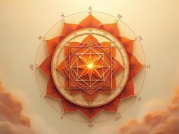 Sri Yantra Mandala in saffran und tiefem Rot auf cremigem Hintergrund, mit geometrischer Präzision, Sanskrit-Zeichen und spiritueller Symbolik.