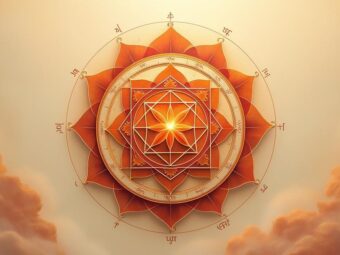 Sri Yantra Mandala in saffran und tiefem Rot auf cremigem Hintergrund, mit geometrischer Präzision, Sanskrit-Zeichen und spiritueller Symbolik.