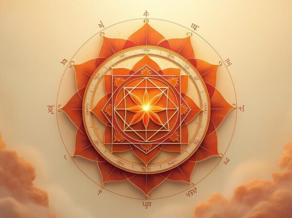 Sri Yantra Mandala in saffran und tiefem Rot auf cremigem Hintergrund, mit geometrischer Präzision, Sanskrit-Zeichen und spiritueller Symbolik.