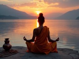 Ein Meister in Padmasana meditiert bei Sonnenuntergang am Ganges, ruhige Wasser und Himalaya im Hintergrund, symbolisiert non-dualistische Harmonie.