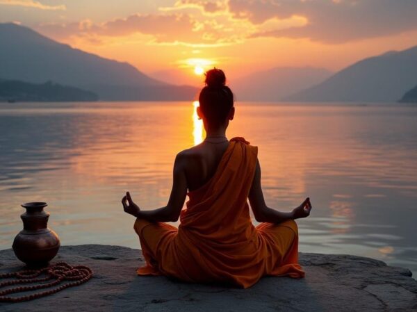 Ein Meister in Padmasana meditiert bei Sonnenuntergang am Ganges, ruhige Wasser und Himalaya im Hintergrund, symbolisiert non-dualistische Harmonie.