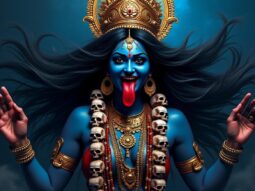 Authentisches digitales Gemälde von Kali in traditioneller tantrischer Kunst: Göttin mit herausgestreckter Zunge, Schmuck aus Schädeln und wildem Haar, dargestellt vor einem indigo-blauen Hintergrund mit reicher Symbolik.