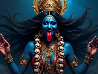 Authentisches digitales Gemälde von Kali in traditioneller tantrischer Kunst: Göttin mit herausgestreckter Zunge, Schmuck aus Schädeln und wildem Haar, dargestellt vor einem indigo-blauen Hintergrund mit reicher Symbolik.