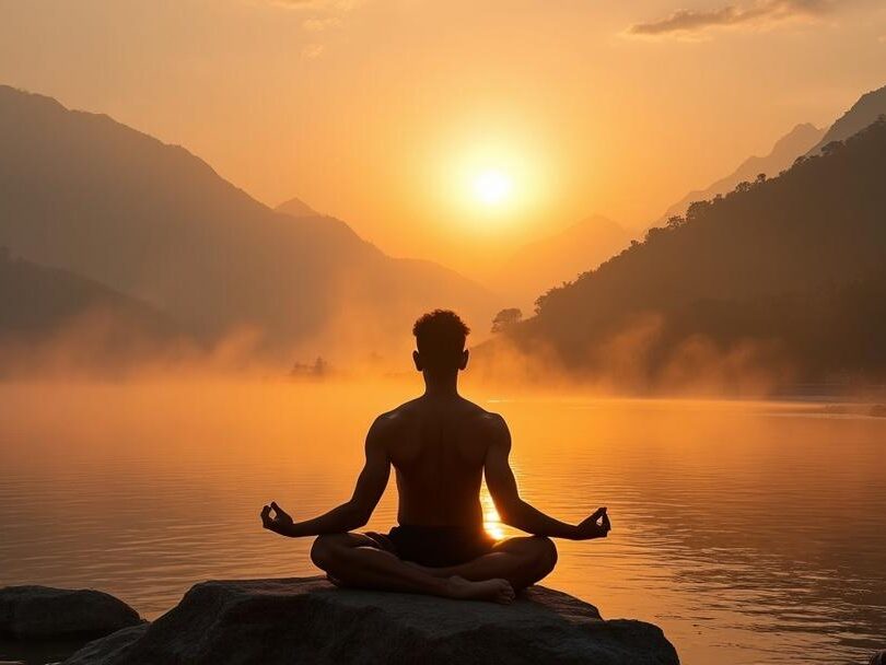 Yogi in Lotuspose bei Sonnenaufgang am Ganges in Rishikesh, mit Himalaya im Hintergrund, symbolisiert tiefe Spiritualität und authentisches Yoga.