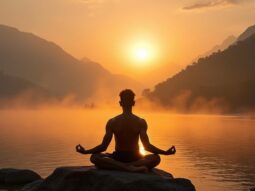 Yogi in Lotuspose bei Sonnenaufgang am Ganges in Rishikesh, mit Himalaya im Hintergrund, symbolisiert tiefe Spiritualität und authentisches Yoga.