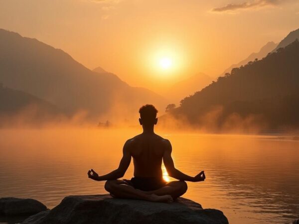 Yogi in Lotuspose bei Sonnenaufgang am Ganges in Rishikesh, mit Himalaya im Hintergrund, symbolisiert tiefe Spiritualität und authentisches Yoga.