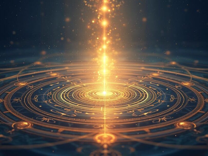 Ein spirituelles Kunstwerk mit konzentrischen Wellen, die aus einem zentralen Sri Yantra in goldenen und safranfarbenen Tönen hervorgehen. Der tief indigoblaue Hintergrund ist von subtilen pulsierenden Energien durchzogen, während fließende Lichtströme eine meditative Atmosphäre schaffen. Feine Sanskrit-Kalligrafie ergänzt die harmonische Fusion traditioneller vedischer Symbole mit moderner digitaler Kunst, die das Spanda-Prinzip als kosmische Schwingung visualisiert.