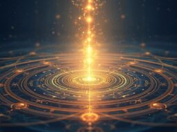 Ein spirituelles Kunstwerk mit konzentrischen Wellen, die aus einem zentralen Sri Yantra in goldenen und safranfarbenen Tönen hervorgehen. Der tief indigoblaue Hintergrund ist von subtilen pulsierenden Energien durchzogen, während fließende Lichtströme eine meditative Atmosphäre schaffen. Feine Sanskrit-Kalligrafie ergänzt die harmonische Fusion traditioneller vedischer Symbole mit moderner digitaler Kunst, die das Spanda-Prinzip als kosmische Schwingung visualisiert.