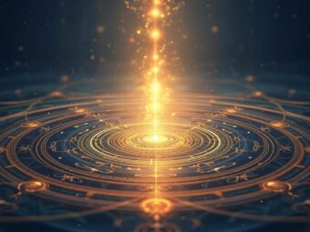 Ein spirituelles Kunstwerk mit konzentrischen Wellen, die aus einem zentralen Sri Yantra in goldenen und safranfarbenen Tönen hervorgehen. Der tief indigoblaue Hintergrund ist von subtilen pulsierenden Energien durchzogen, während fließende Lichtströme eine meditative Atmosphäre schaffen. Feine Sanskrit-Kalligrafie ergänzt die harmonische Fusion traditioneller vedischer Symbole mit moderner digitaler Kunst, die das Spanda-Prinzip als kosmische Schwingung visualisiert.